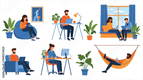 Freelancers Working from Home and Coworking Space Vector Illustration
