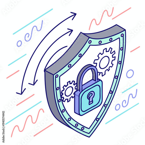 Isometric illustration of a digital security shield with padlock and gears, representing cybersecurity and protection