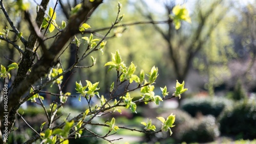 Springtime vivid green leaves on tree branches in sunlit garden.