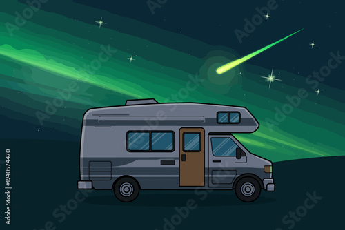 Cartoon camper van under starry night sky with green aurora borealis display
