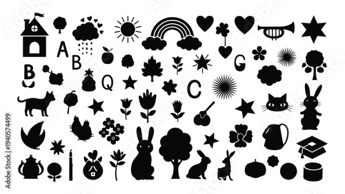 A collection of various cute cartoon objects and symbols