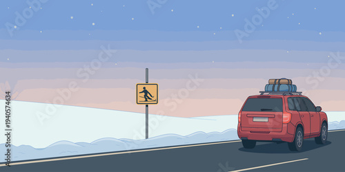Red car driving on snowy road with pedestrian crossing sign