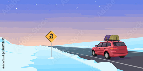 Red car with luggage on roof driving on snowy road with pedestrian sign
