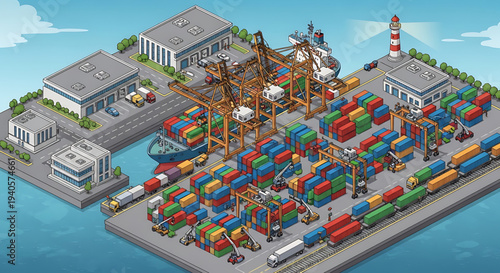 A vibrant isometric illustration of a bustling shipping port with colorful cargo containers and trucks