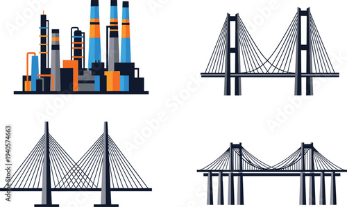 Vector infrastructure illustration featuring industrial facility and three cable‑stayed bridge designs with architectural and engineering themes