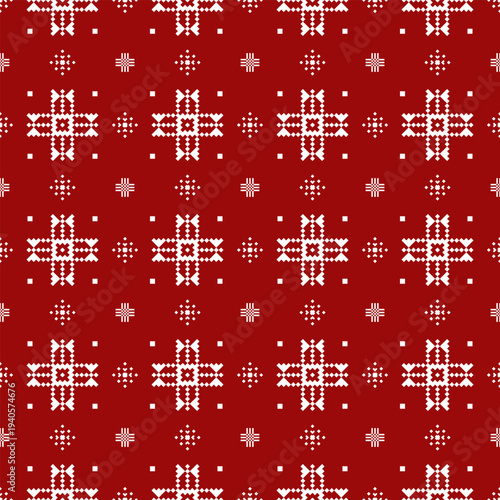 Red and white pixel pattern arranged in a repeating grid with cross-shaped motifs and small diamond accents. Geometric symmetrical layout designed for seamless textile and surface applications.