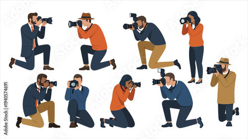 Diverse Professional Photographers and Paparazzi Set, Flat Vector Illustration of Press Media and Event Photography Concept