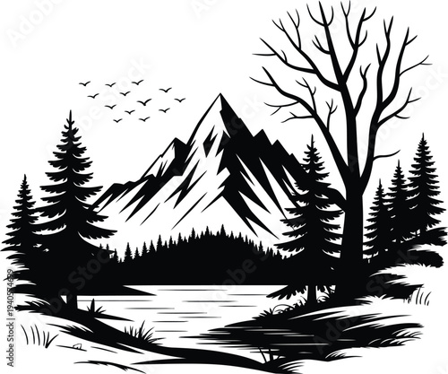 Mountain lake wilderness silhouette vector, pine forest and bare tree, snowy peaks, flying birds, serene nature landscape illustration, black and white