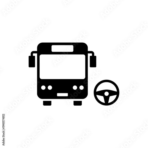 Black silhouette of a bus with a steering wheel on white background