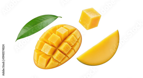 Sliced mango with diced pieces and a leaf ideal for design on transparent background