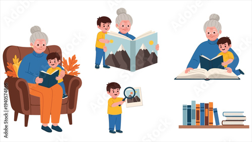 Grandmother and Grandson Reading Together, Flat Vector Illustration Set of Intergenerational Learning and Storytelling Concept