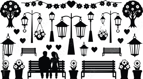 Romantic park silhouettes set with couple bench, street lamps flowers hearts trees decoration, Valentine love scene vector illustration