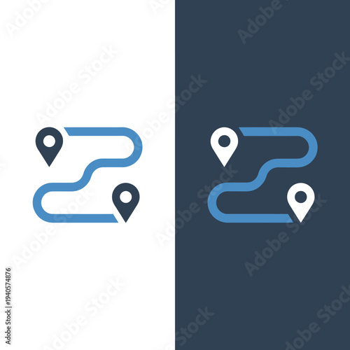 Navigation route path with location pins on white and dark backgrounds