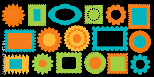 Colorful patterned frames and borders arranged in a grid like composition