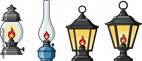 Vector gas lamp illustration featuring four stylized designs with visible flames, glass enclosures, street lamp frames, and historical lighting styles