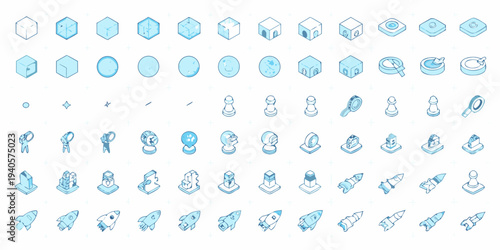 Isometric illustrations of various objects including cubes spheres and rockets