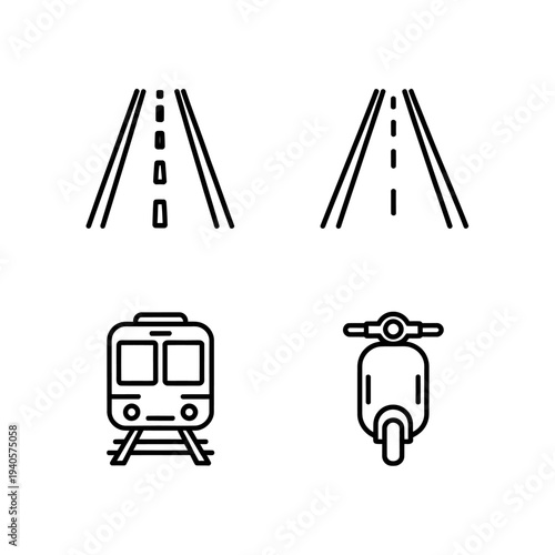 Railway tracks and train and scooter line icons on white background