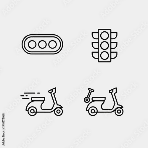 Line icons of traffic light and motor scooters on gray background