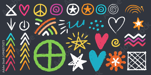 Colorful chalk doodles and symbols arranged on a dark background