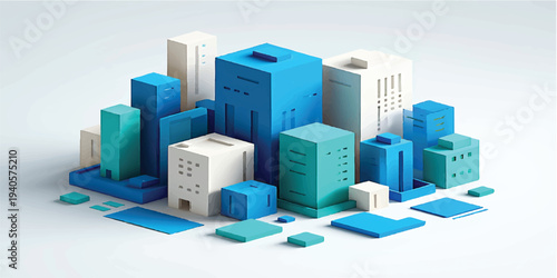 An isometric 3d render of an urban city skyline featuring a modern skyscraper architecture design and green estate buildings on a vector map plan