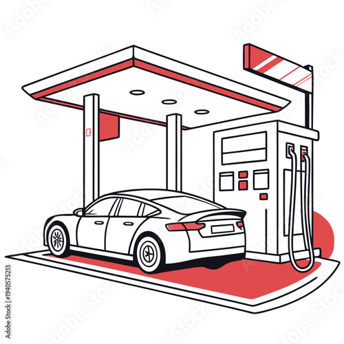 Car at Traditional Gas Station, Retro Style Line Art Illustration with Red Accents