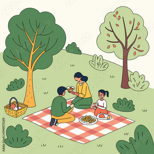 Family Enjoying a Picnic in a Lush Green Park with Trees and a Basket