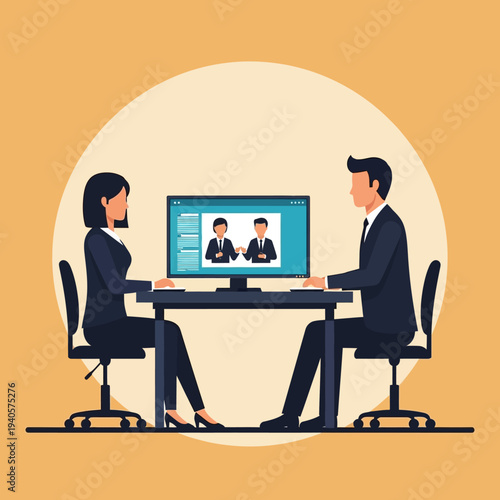 Business meeting online: two people in office participate in video conference call