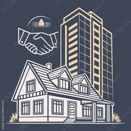 Construction and property development partnership illustration with handshake symbol. Perfect for real estate investment, housing projects, building agreements, and corporate deals.