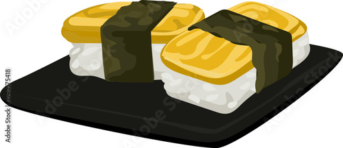 Japanese Tamago Egg Nigiri Sushi Piece on Black Plate