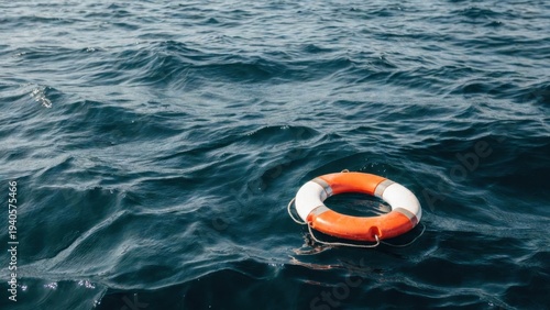 Orange lifebuoy floating on calm ocean waves under clear sky.