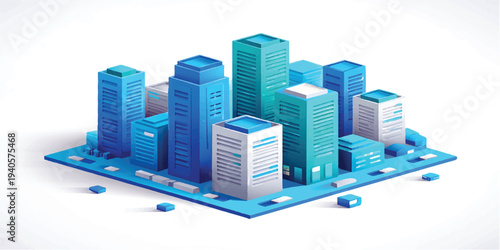 Modern urban cityscape featuring a 3d isometric illustration of a business downtown skyline with skyscraper towers and office building architecture in a sleek city design
