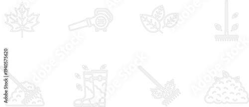 Autumn yard work vector illustration showing leaves, rake, boots, blower, and seasonal cleanup tools in simple outlined black icons design.