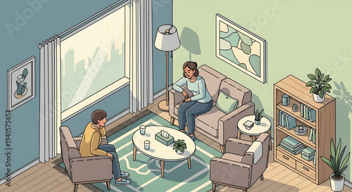 A vector graphic illustration of a therapist and patient in a cozy living room during a counseling session