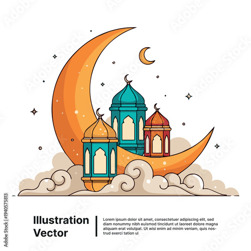 Mosque and minarets on a crescent moon surrounded by clouds and stars in a serene night sky illustration