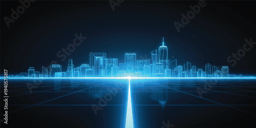 A 3d vector illustration of a night business cityscape featuring a stock market graph reflected against a dark urban skyline with glowing office skyscraper silhouettes and modern architecture