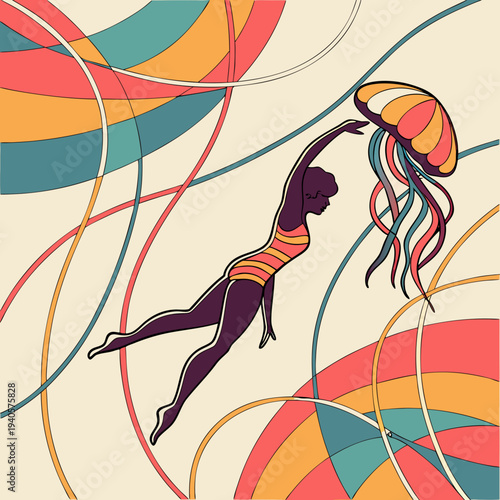 Swimmer in retro style touching a colorful jellyfish amidst abstract swirling lines, representing underwater exploration
