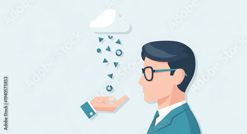 A businessman in a suit and glasses with a cloud raining down geometric shapes onto his hand