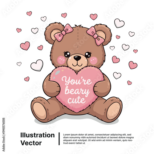 Adorable cartoon bear holding heart surrounded by floating hearts illustration