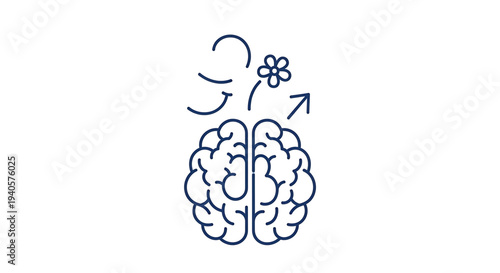 A minimalist vector graphic illustration of a brain with a flower growing out of it, symbolizing mental growth and creativity.