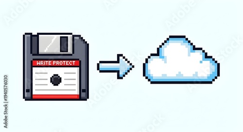 Pixel art floppy disk with arrow pointing to cloud icon symbolizing data backup and digital storage migration from legacy hardware to modern cloud services on light blue background for technology