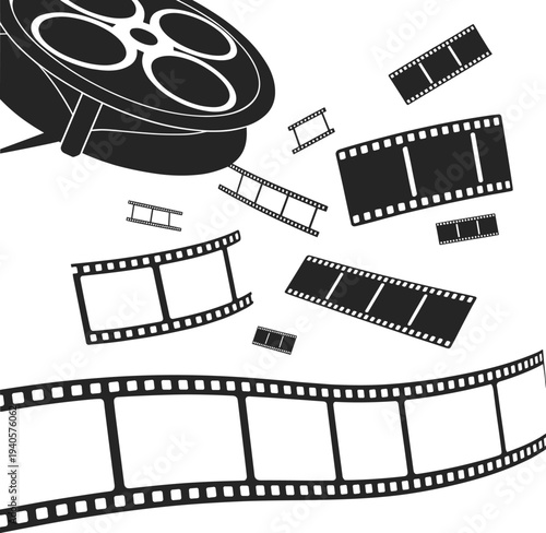 Vintage film reel with flying film strips, cinema movie production concept, retro filmmaking illustration, entertainment industry design element