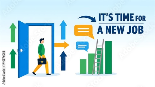 Professional man walking through open door to new job career opportunity success growth vector illustration