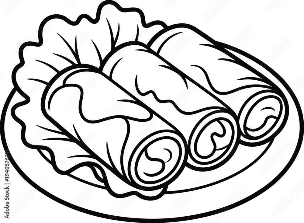 Obraz premium Black and white line of three rolled up burritos on a plate with lettuce line rolled up food