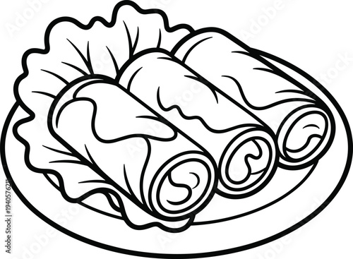 Black and white line of three rolled up burritos on a plate with lettuce line rolled up food