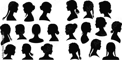 Woman profile silhouette vector set, female head side view collection, different hairstyles icons, beauty fashion clipart illustration bundle
