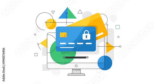 A vector graphic illustration of a secure online payment concept with a credit card and lock on a computer monitor