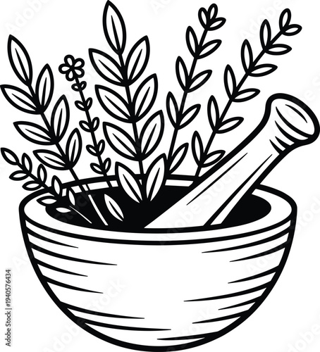 Black and white of mortar with pestle and herbs plant