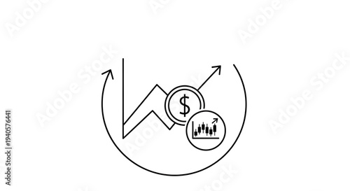 A minimalist vector graphic illustrating financial growth with a line graph, dollar coin, and bar chart in a circular design
