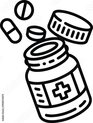 Black and white line of open medicine bottle with pills line medicine bottle capsule