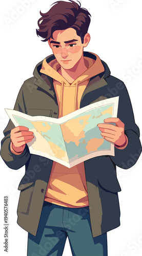 Escursionista con mappa che cerca la strada in montagna – illustrazione vettoriale